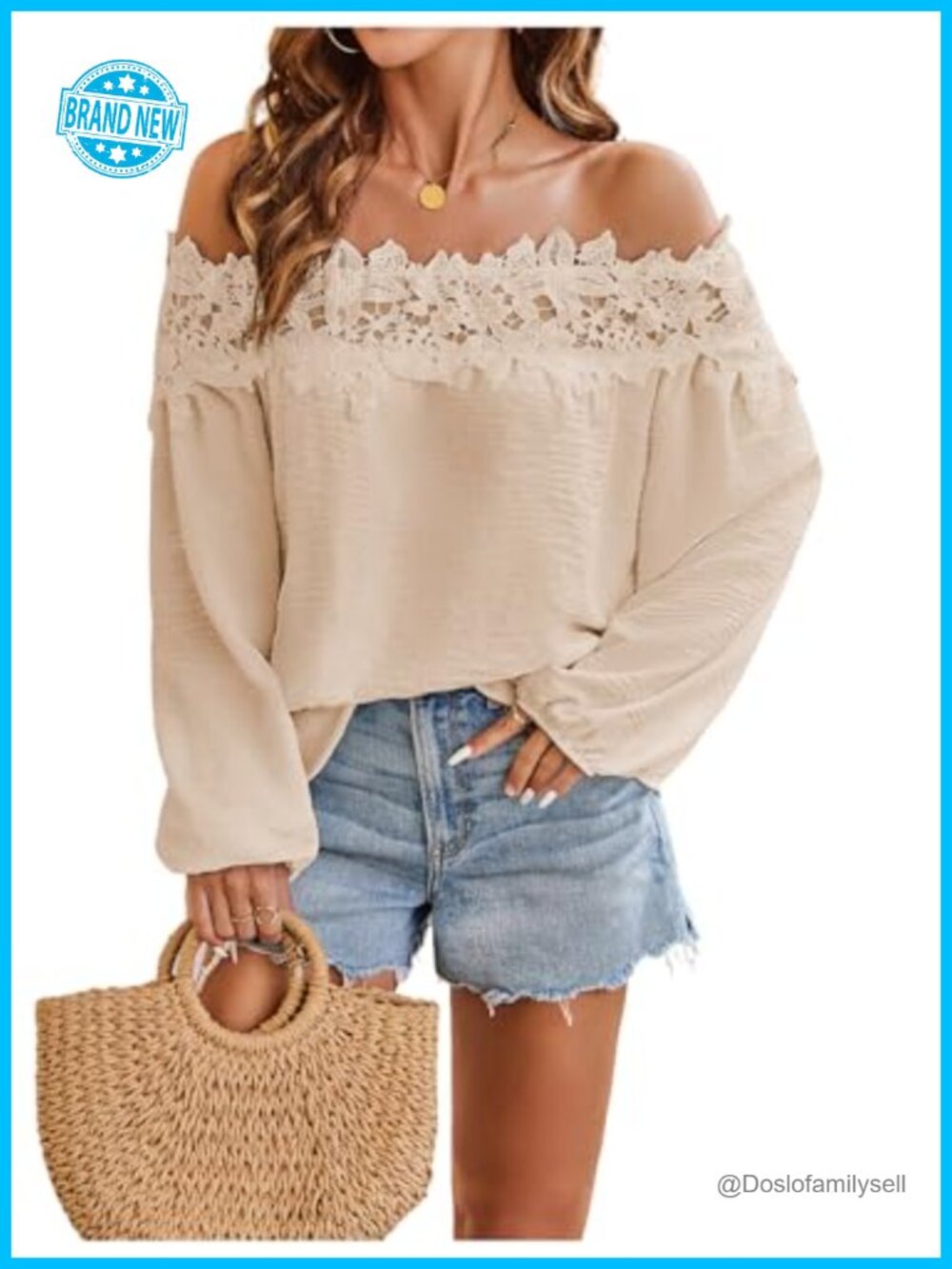 Lace Off Shoulder Long Sleeve Blouse Bishop Sleeve Pull On Top